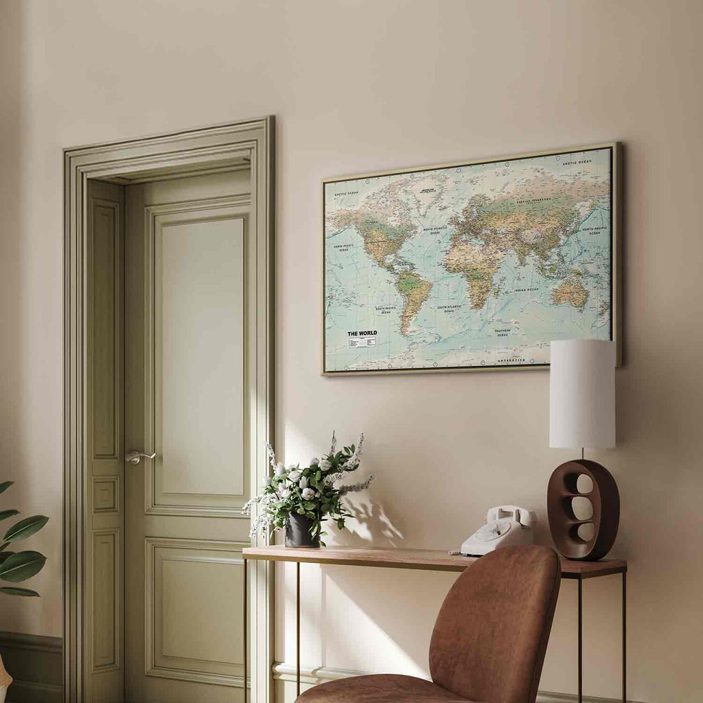 Geometric World Map Blue Green Canvas Print