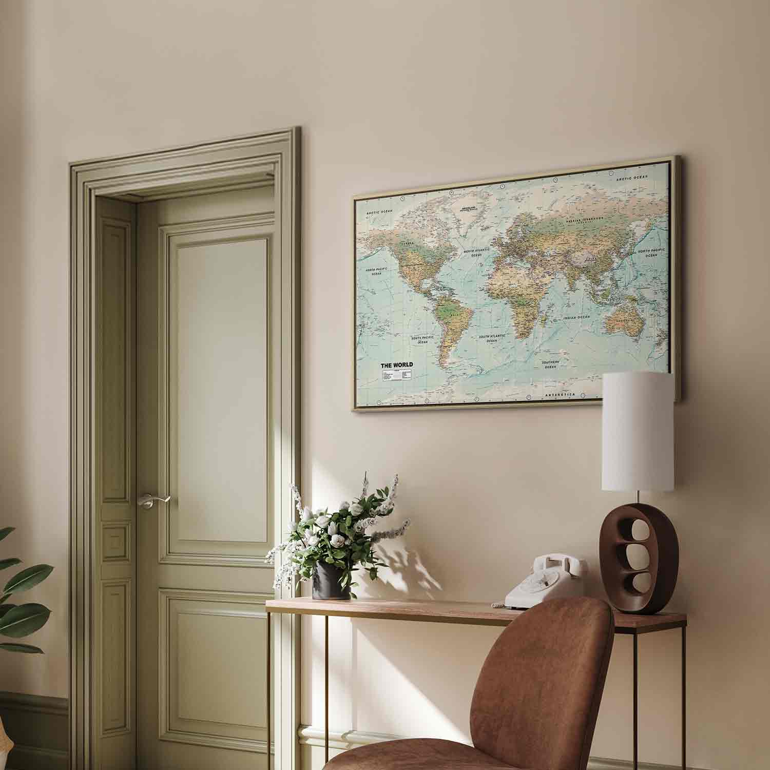 Geometric World Map Blue Green Canvas Print