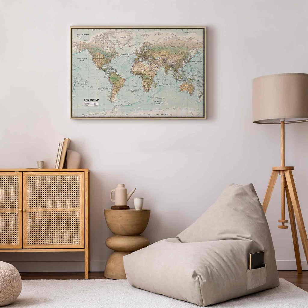 Geometric World Map Blue Green Canvas Print