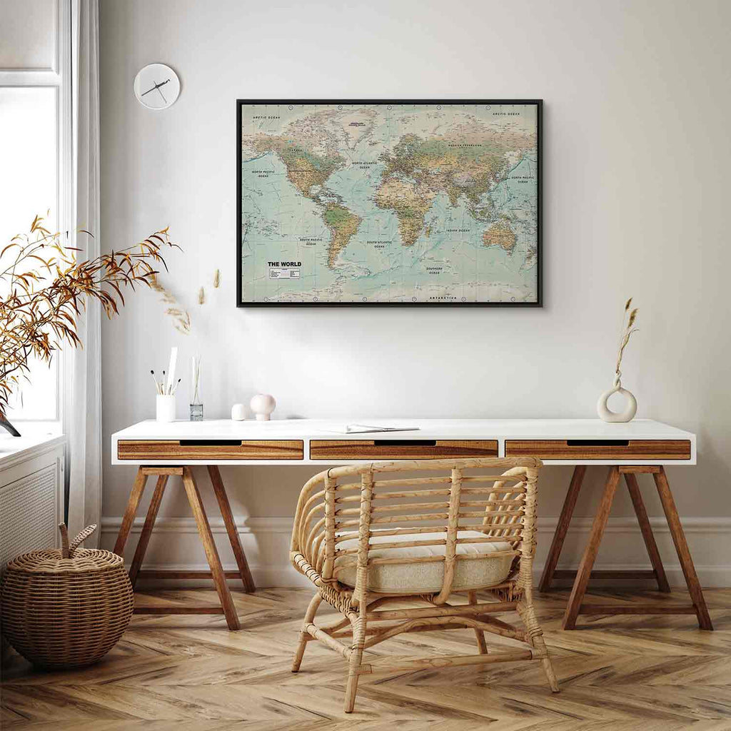 Geometric World Map Blue Green Canvas Print