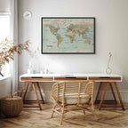 Geometric World Map Blue Green Canvas Print