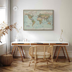 Geometric World Map Blue Green Canvas Print