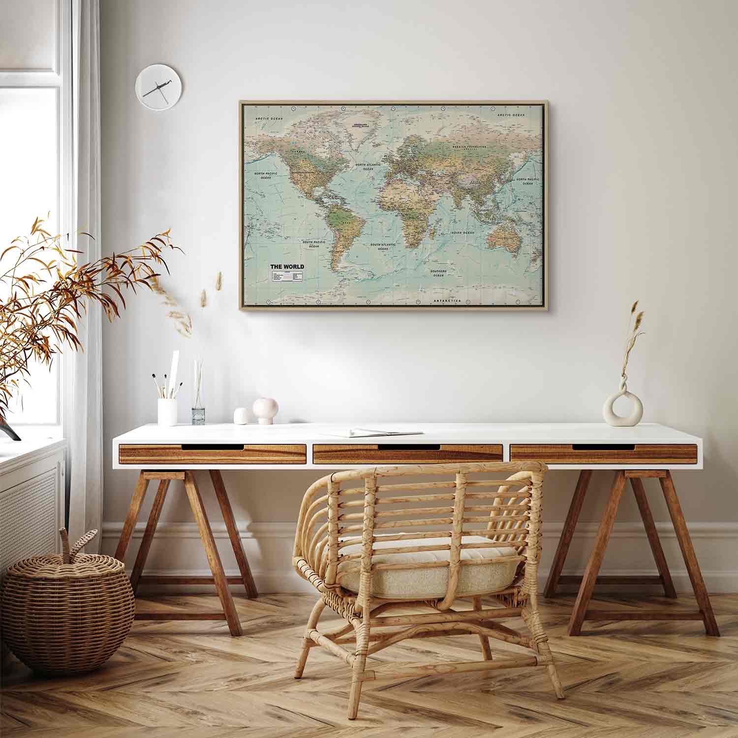 Geometric World Map Blue Green Canvas Print