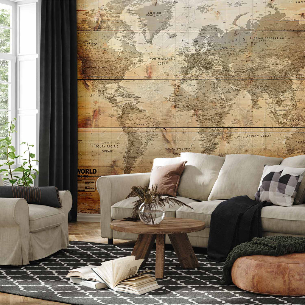 World Map Wooden Boards Texture Wall Mural