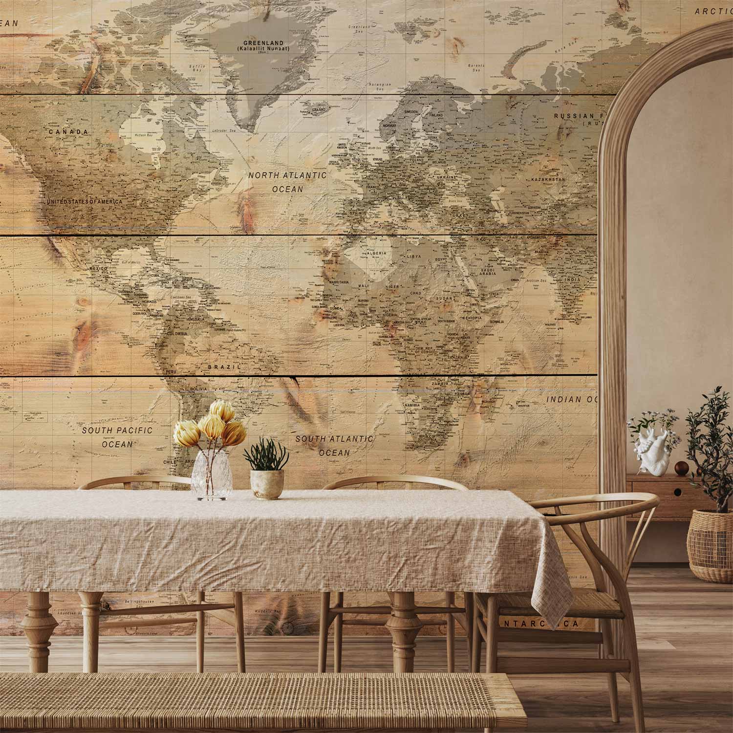 World Map Wooden Boards Texture Wall Mural