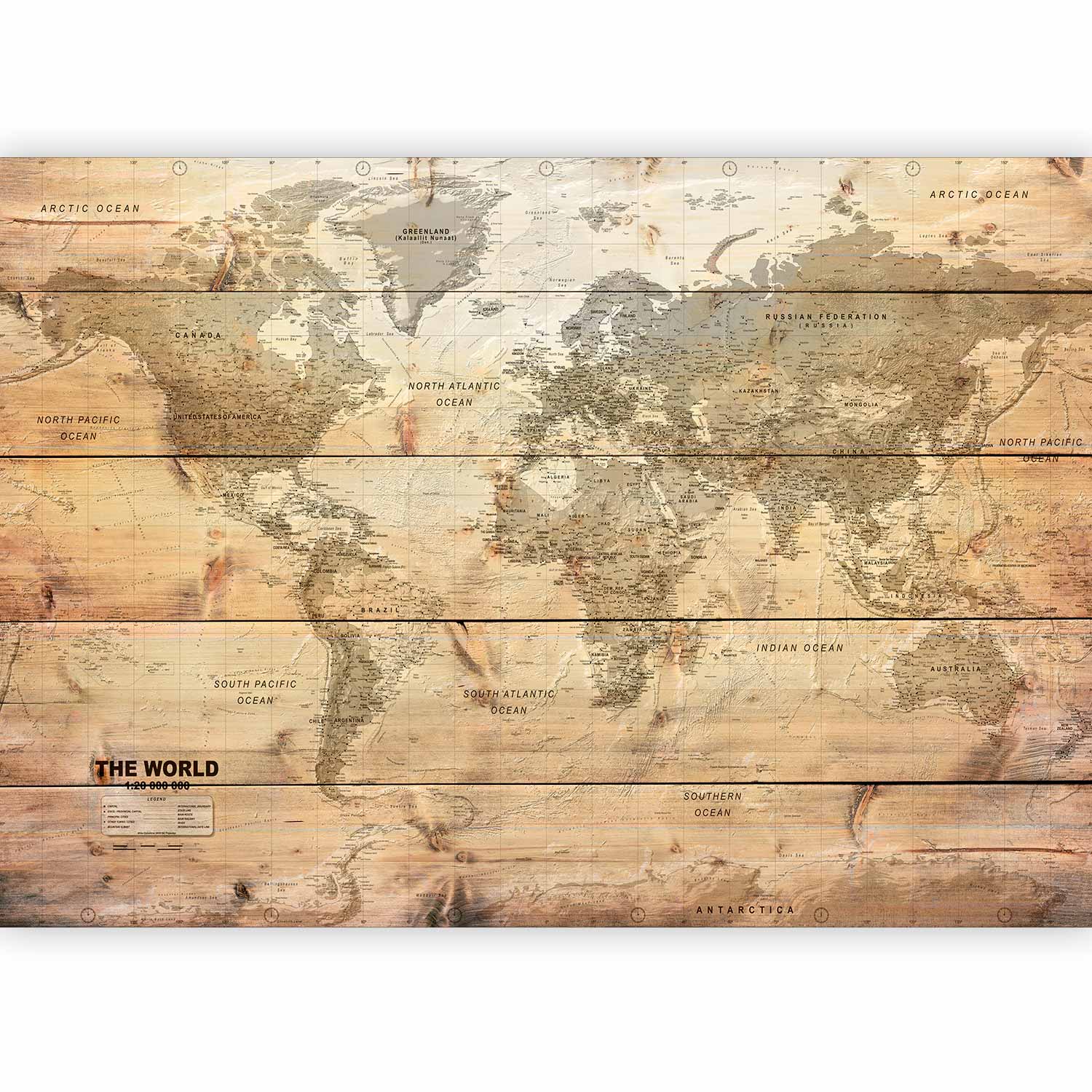 World Map Wooden Boards Texture Wall Mural