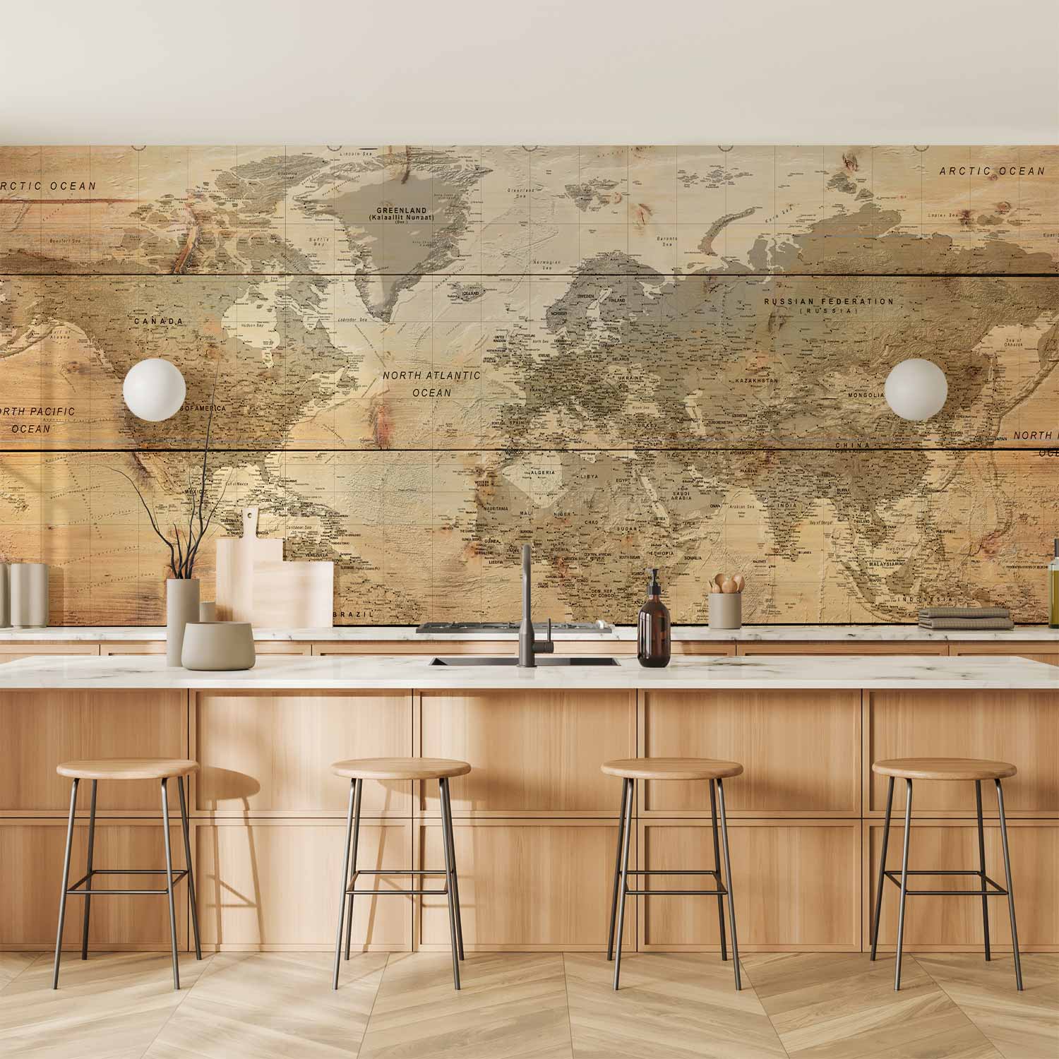 World Map Wooden Boards Texture Wall Mural