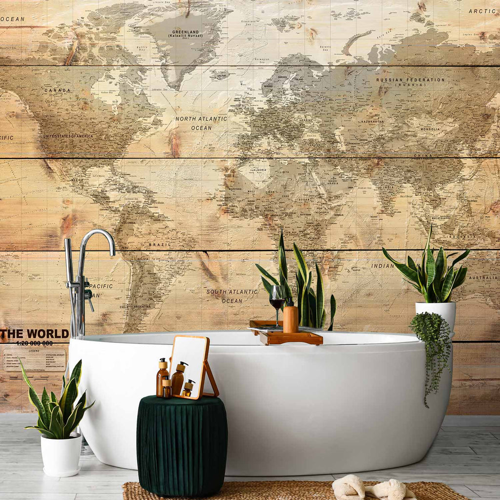 World Map Wooden Boards Texture Wall Mural