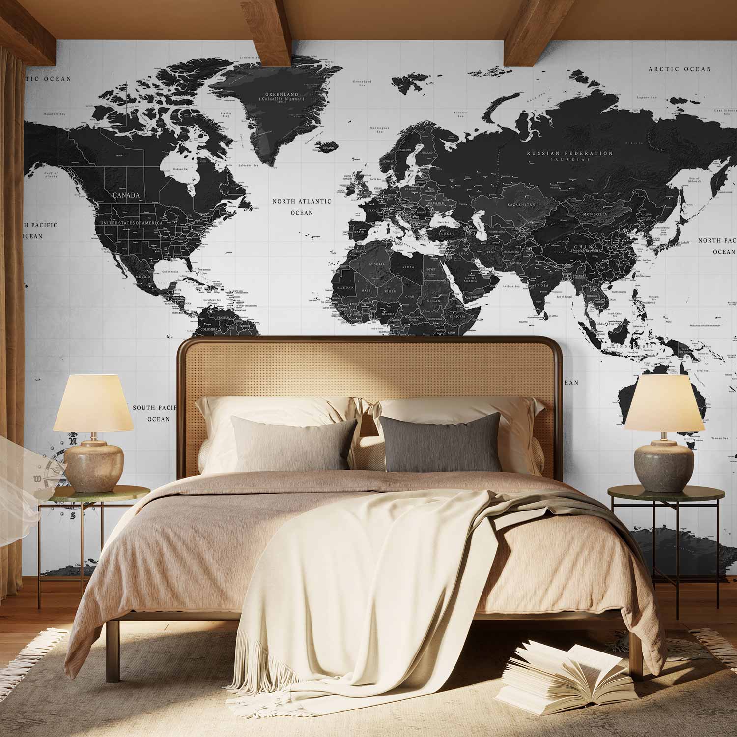 Black and White World Map Wall Mural