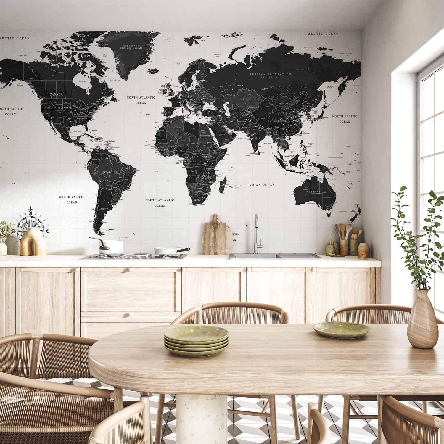 Black and White World Map Wall Mural