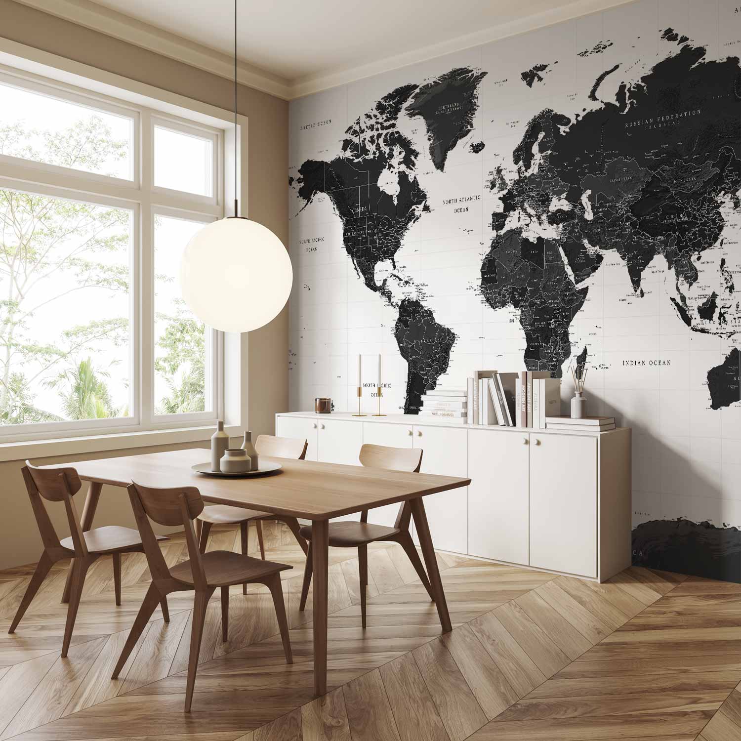 Black and White World Map Wall Mural