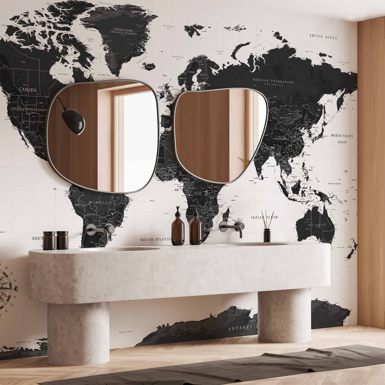 Black and White World Map Wall Mural