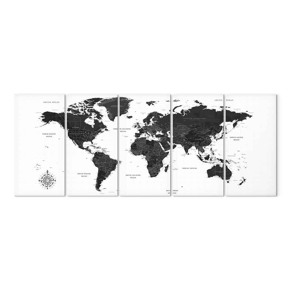 Black and White World Map 5-Part Narrow Canvas Print