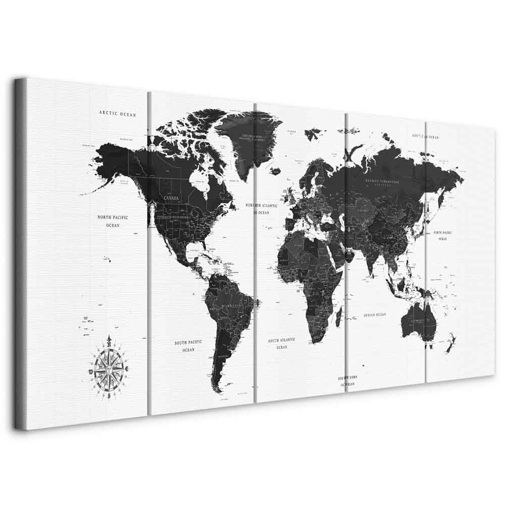 Black and White World Map 5-Part Narrow Canvas Print