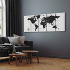 Black and White World Map 5-Part Narrow Canvas Print