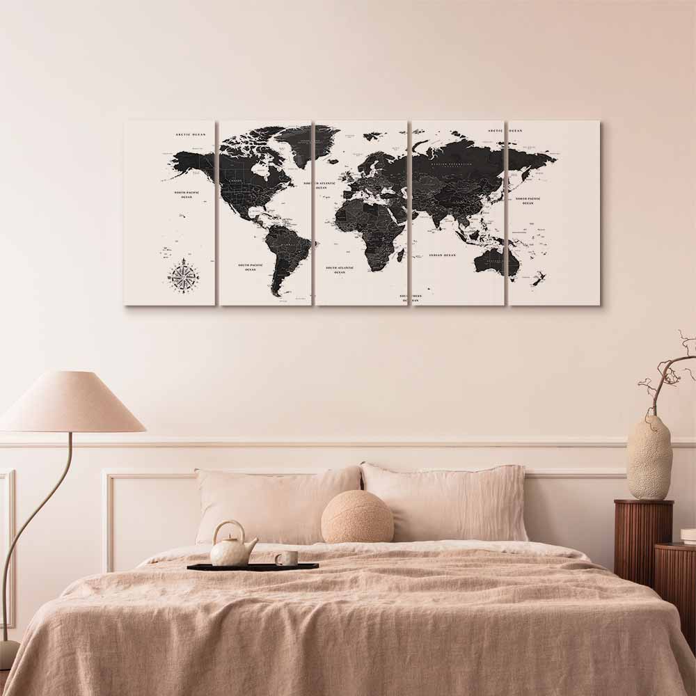 Black and White World Map 5-Part Narrow Canvas Print