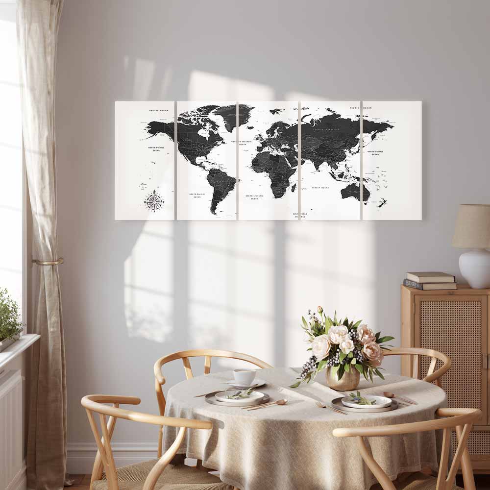 Black and White World Map 5-Part Narrow Canvas Print