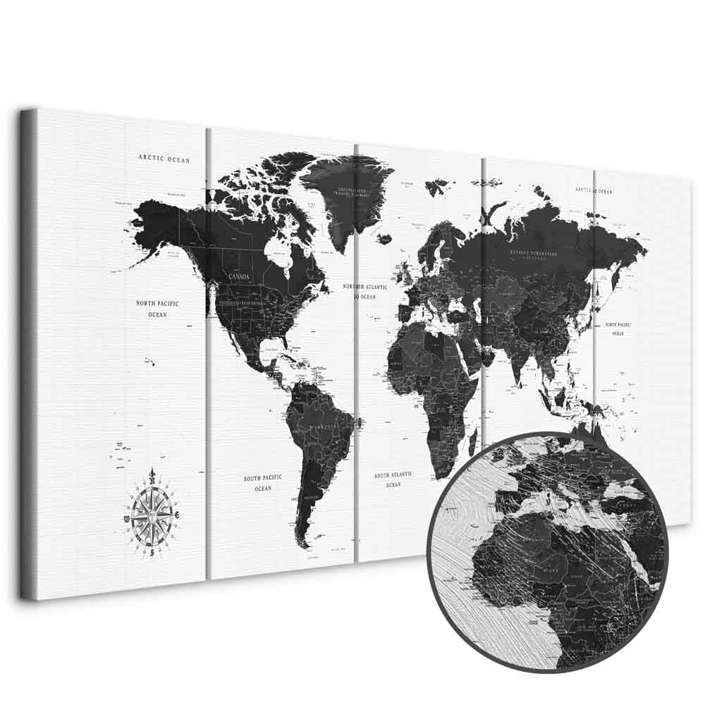Black and White World Map 5-Part Narrow Canvas Print