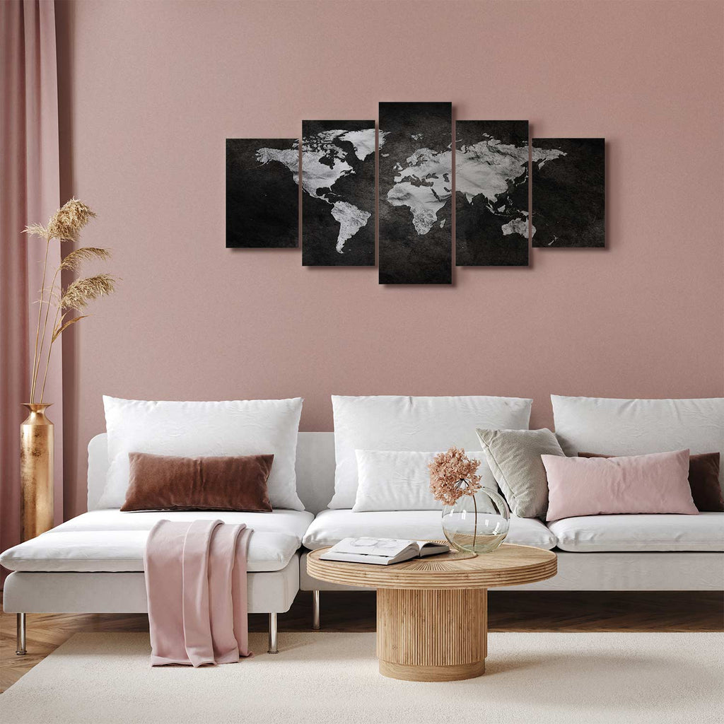 Dark World Map 5-Part Wide Canvas Print