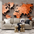 Copper World Map Textured Wall Mural