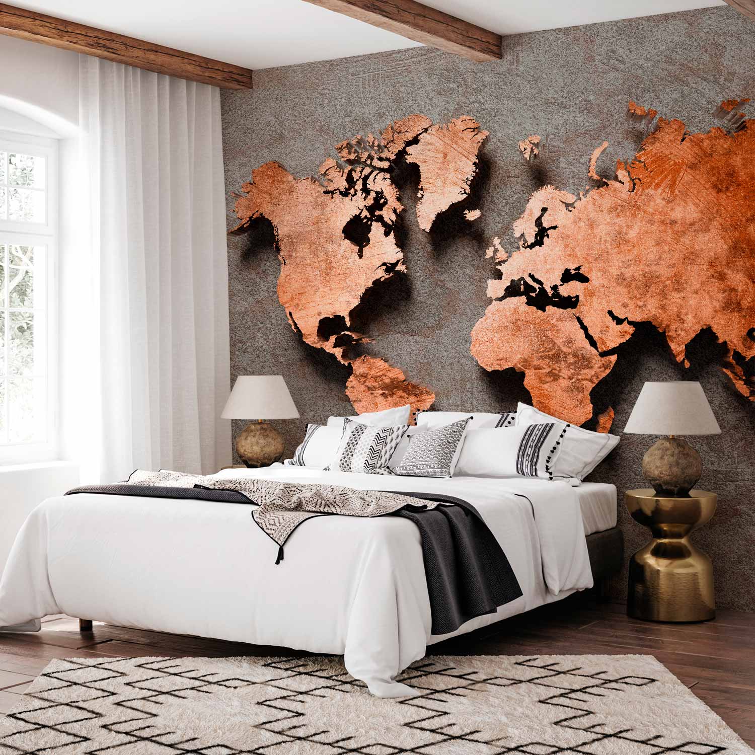 Copper World Map Textured Wall Mural