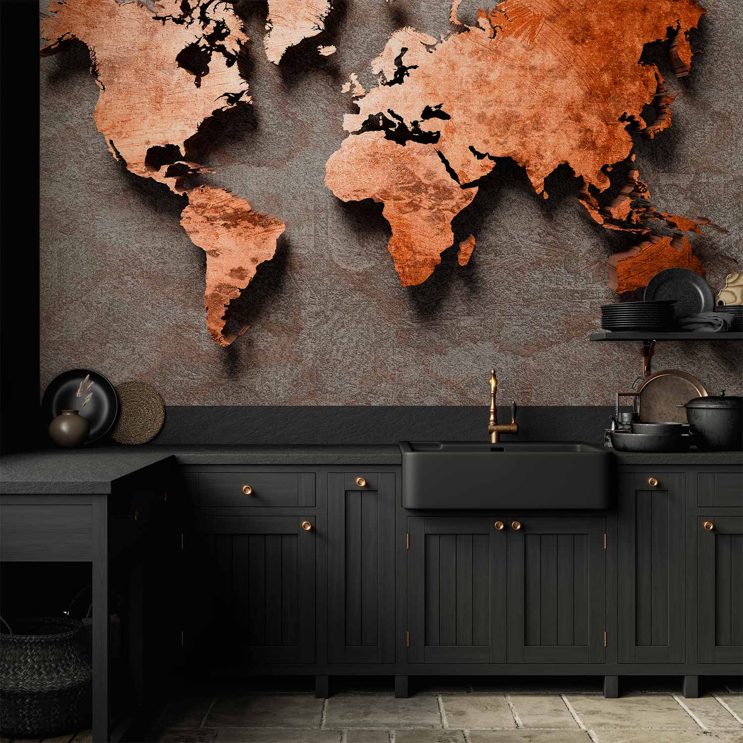 Copper World Map Textured Wall Mural