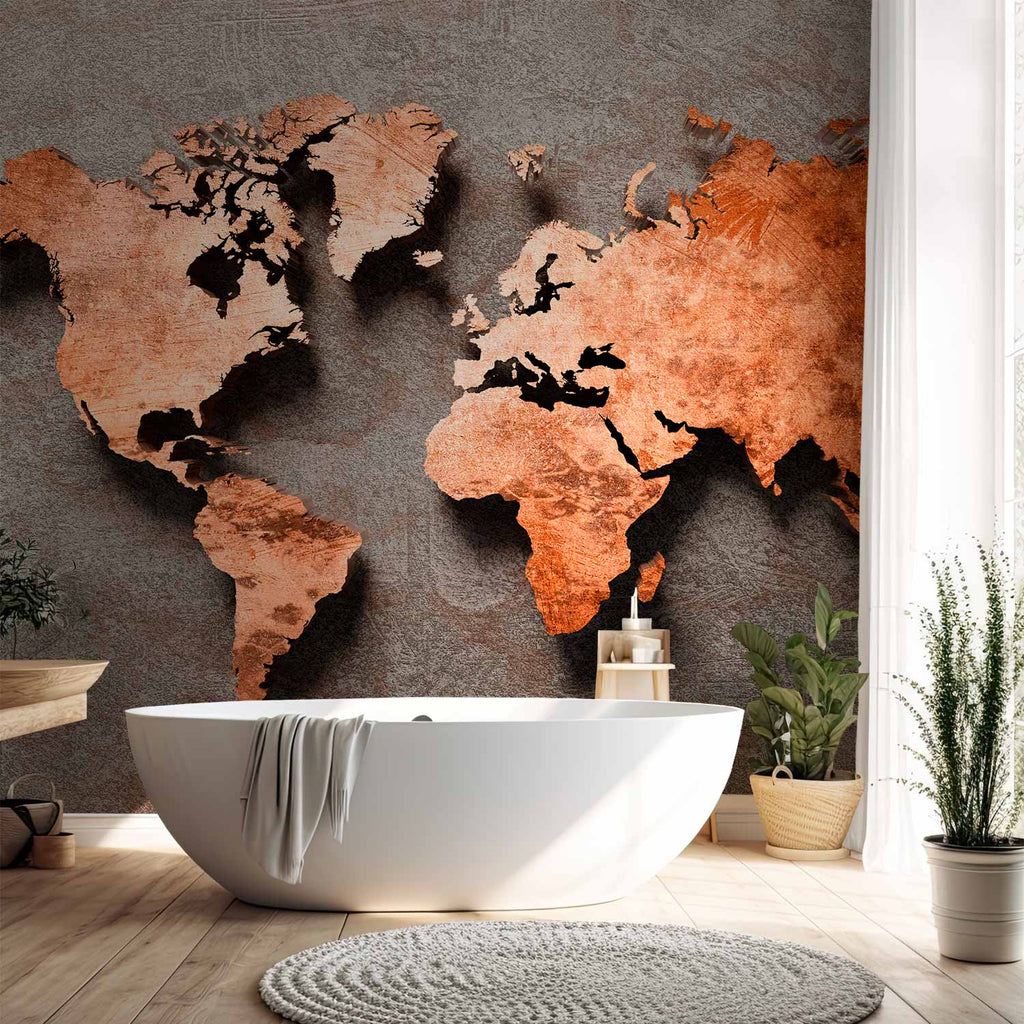 Copper World Map Textured Wall Mural