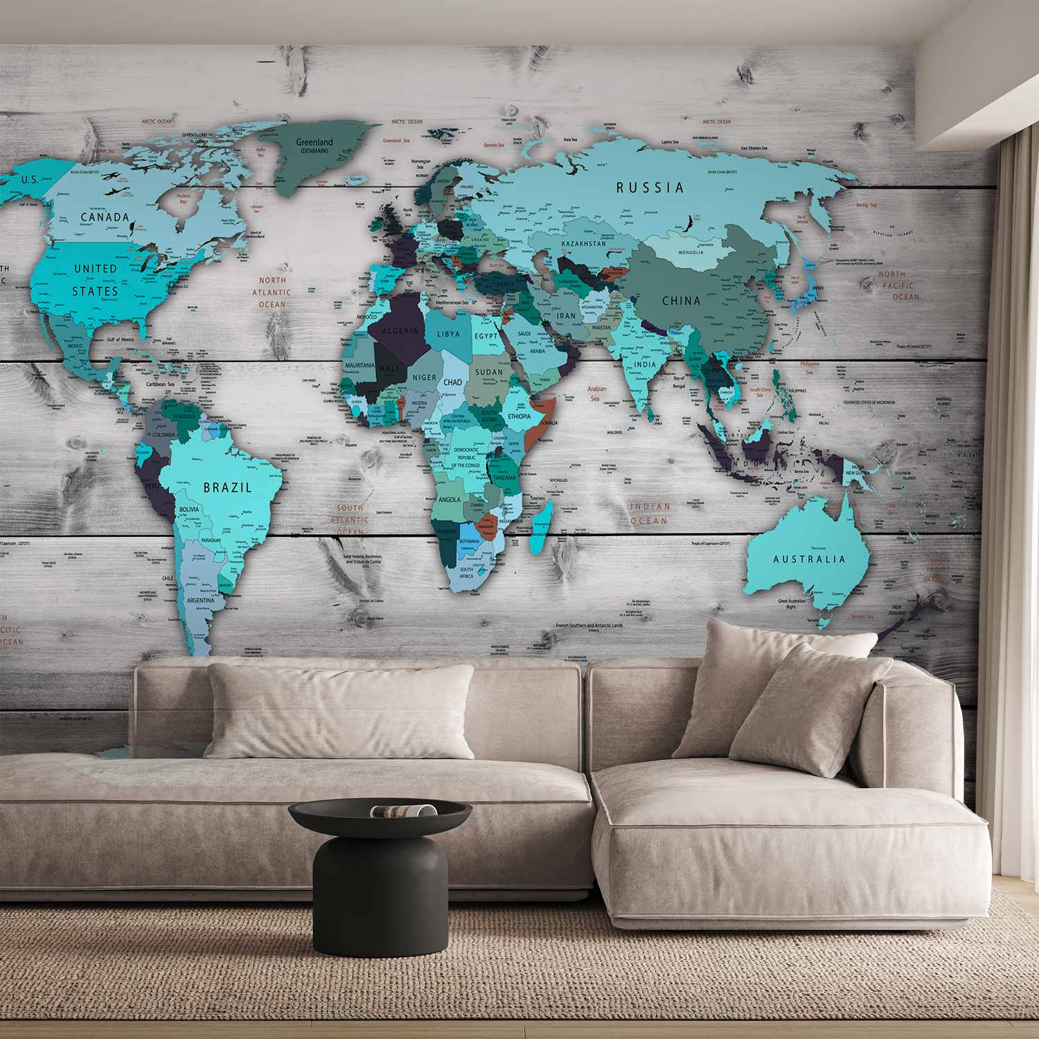 Blue Continents World Map Wall Mural