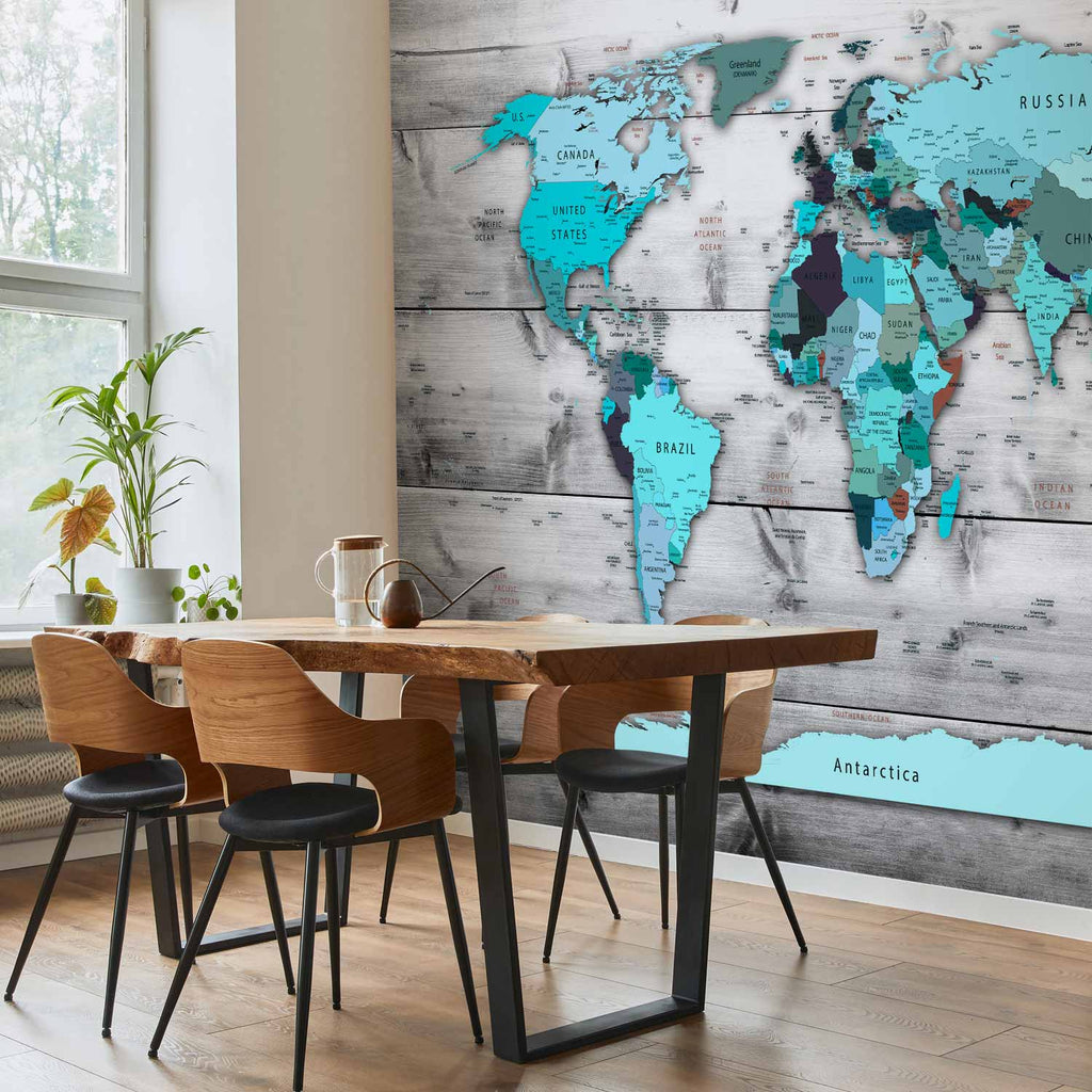 Blue Continents World Map Wall Mural