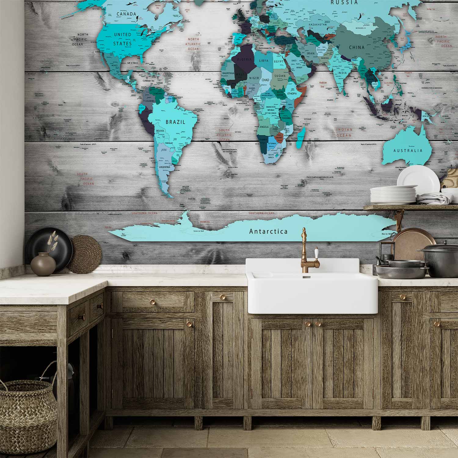 Blue Continents World Map Wall Mural