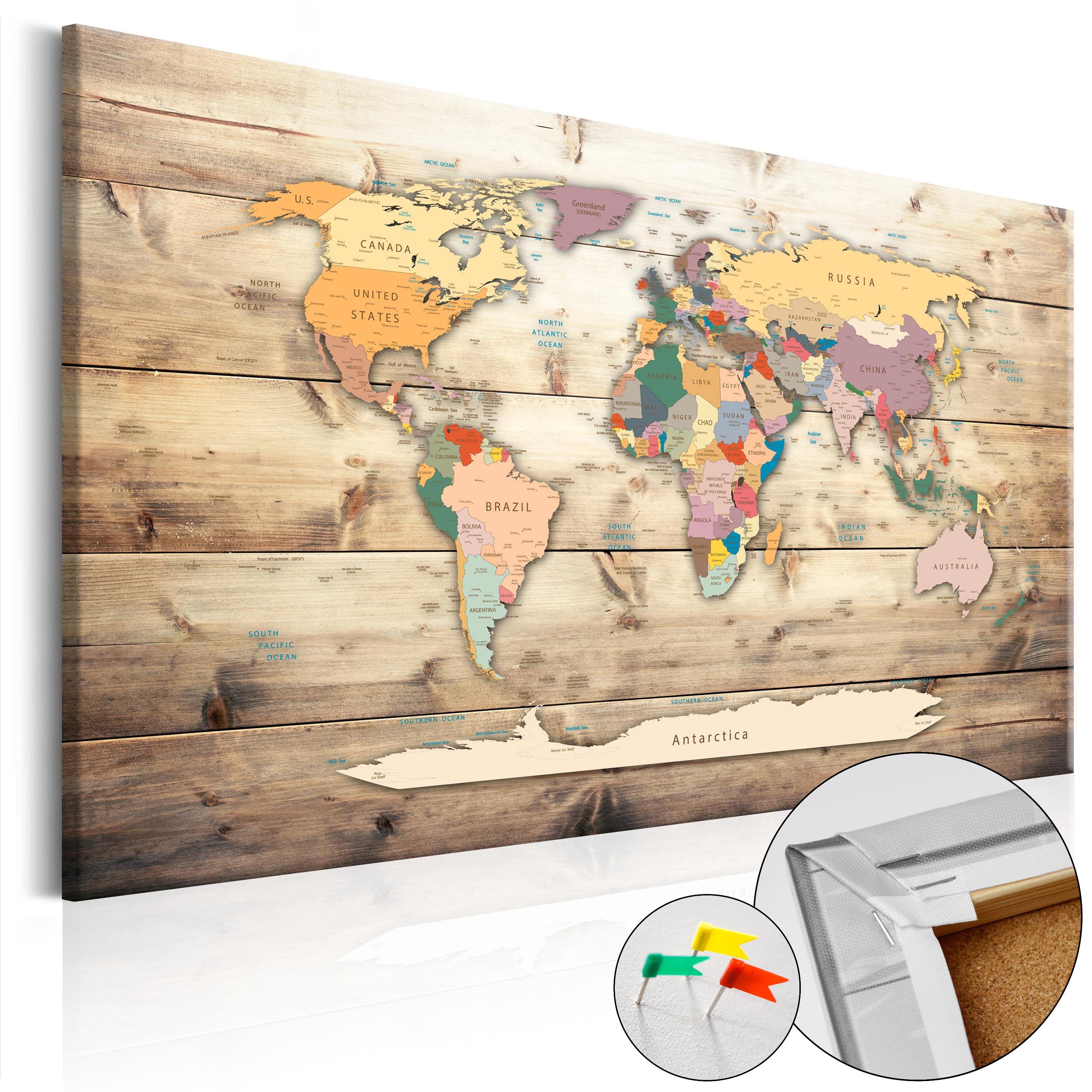 Wooden World Map Decorative Pinboard