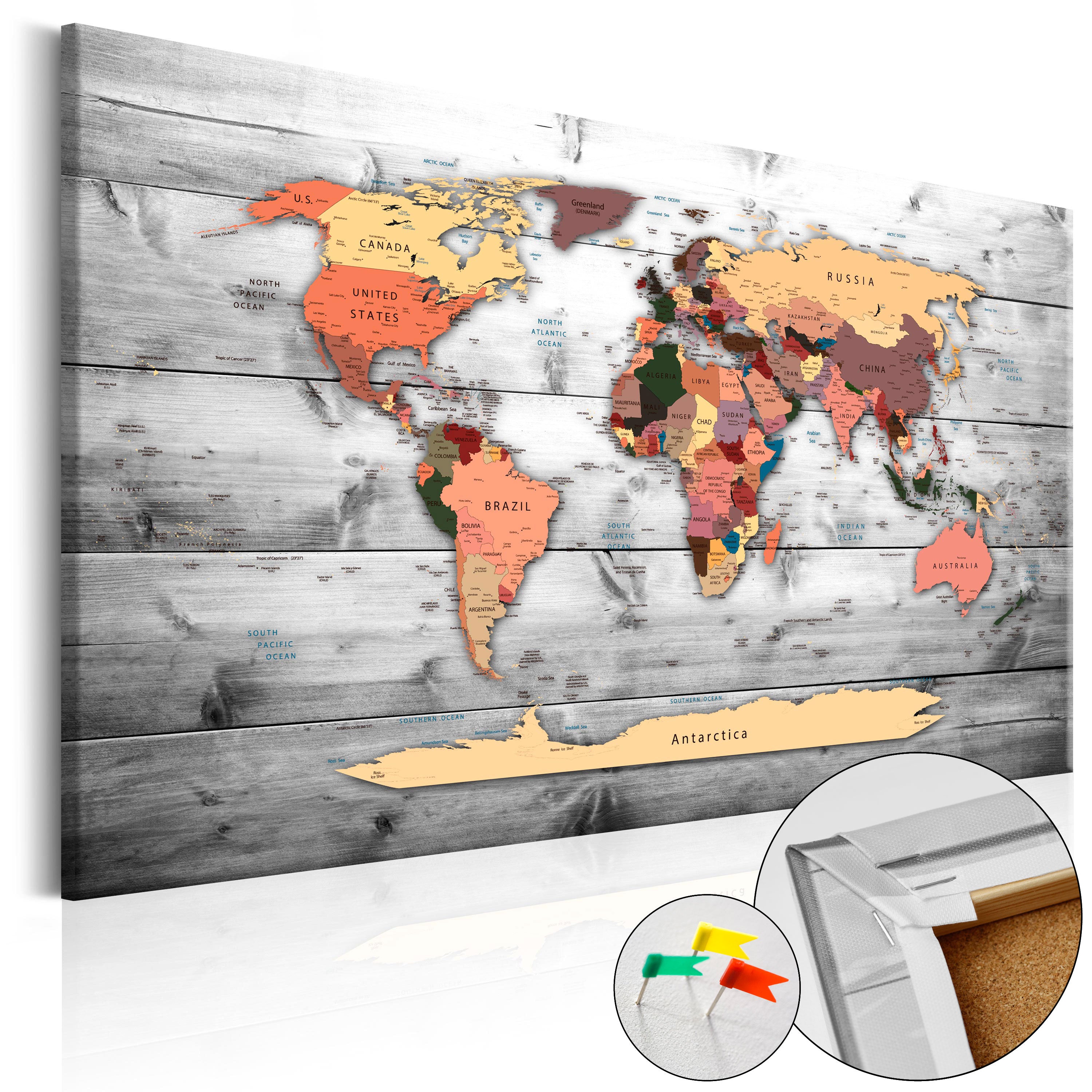 Grey Wooden World Map Decorative Pinboard