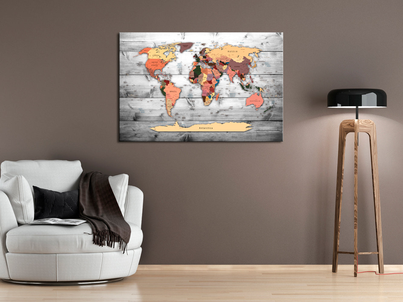 Grey Wooden World Map Decorative Pinboard