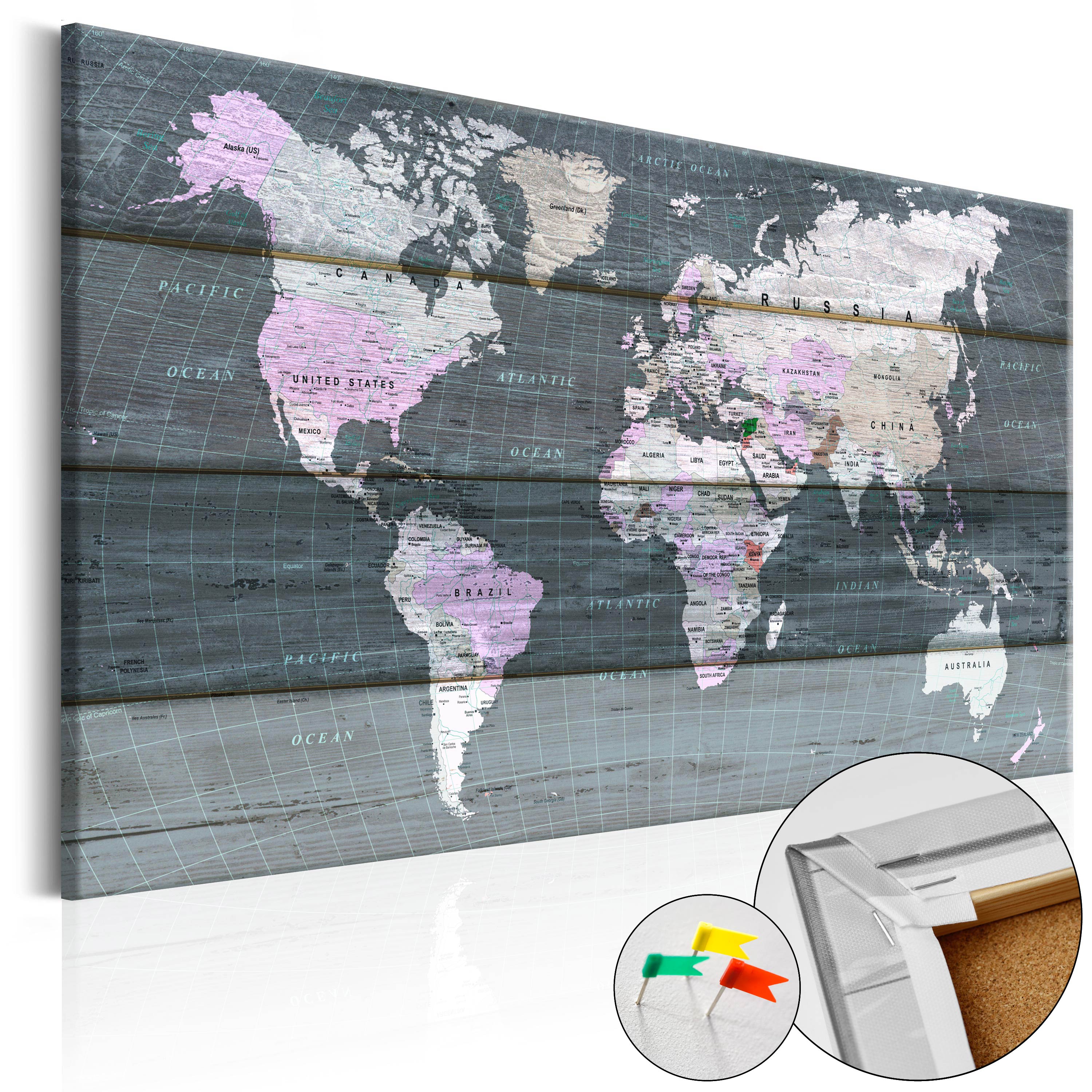 Wooden World Map Travel Decorative Pinboard