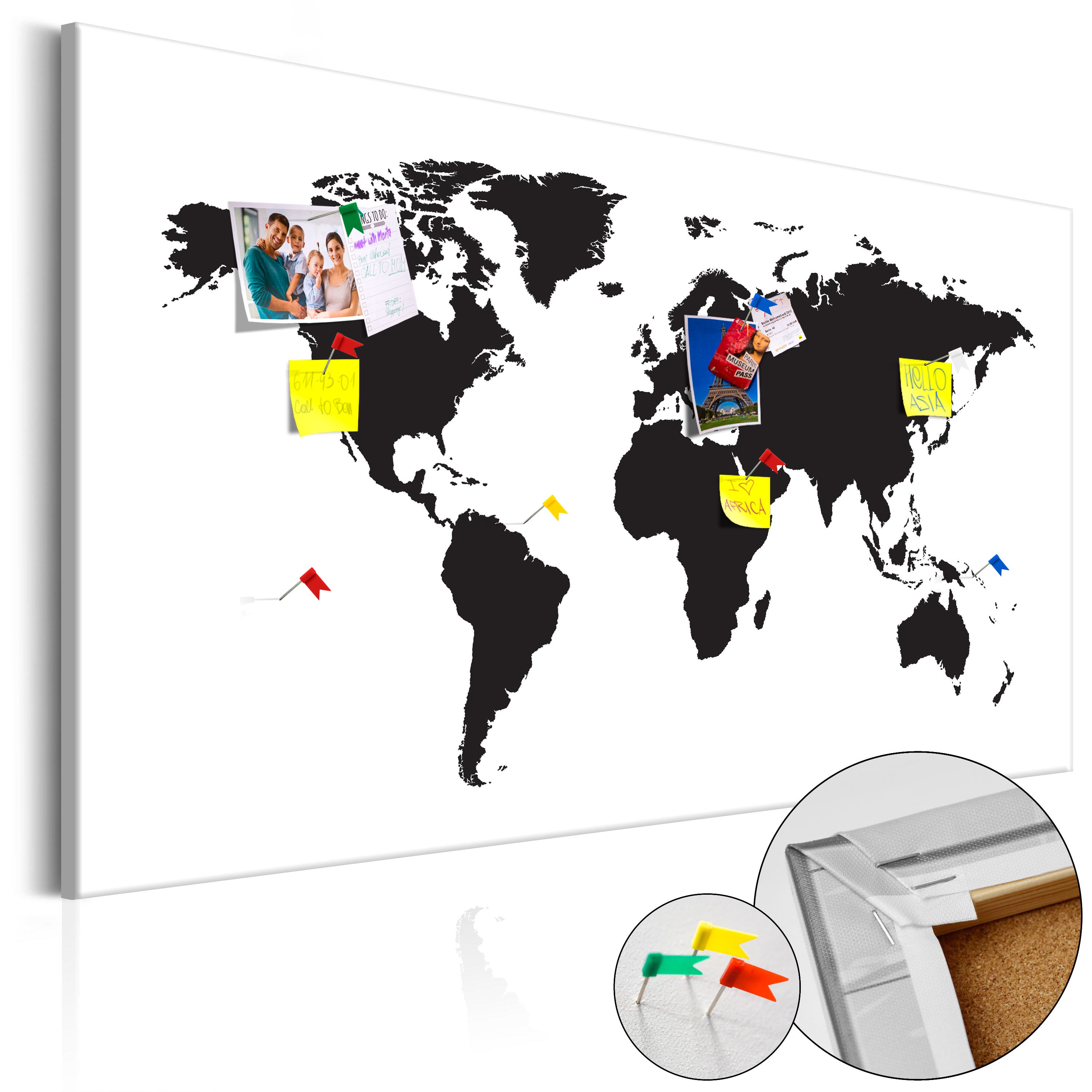 Black and White World Map Modern Decorative Pinboard
