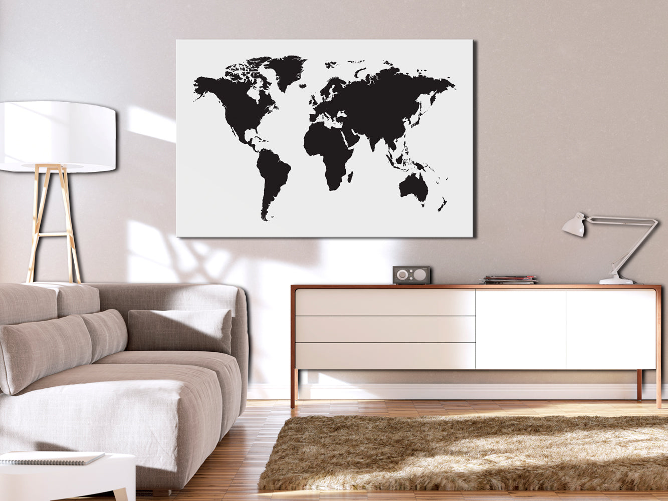 Black and White World Map Modern Decorative Pinboard