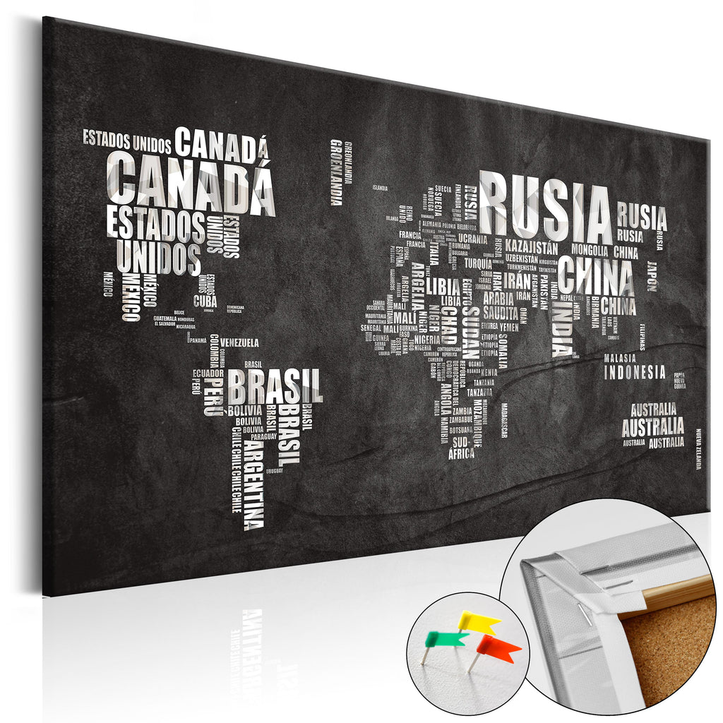 Black World Map Decorative Pinboard
