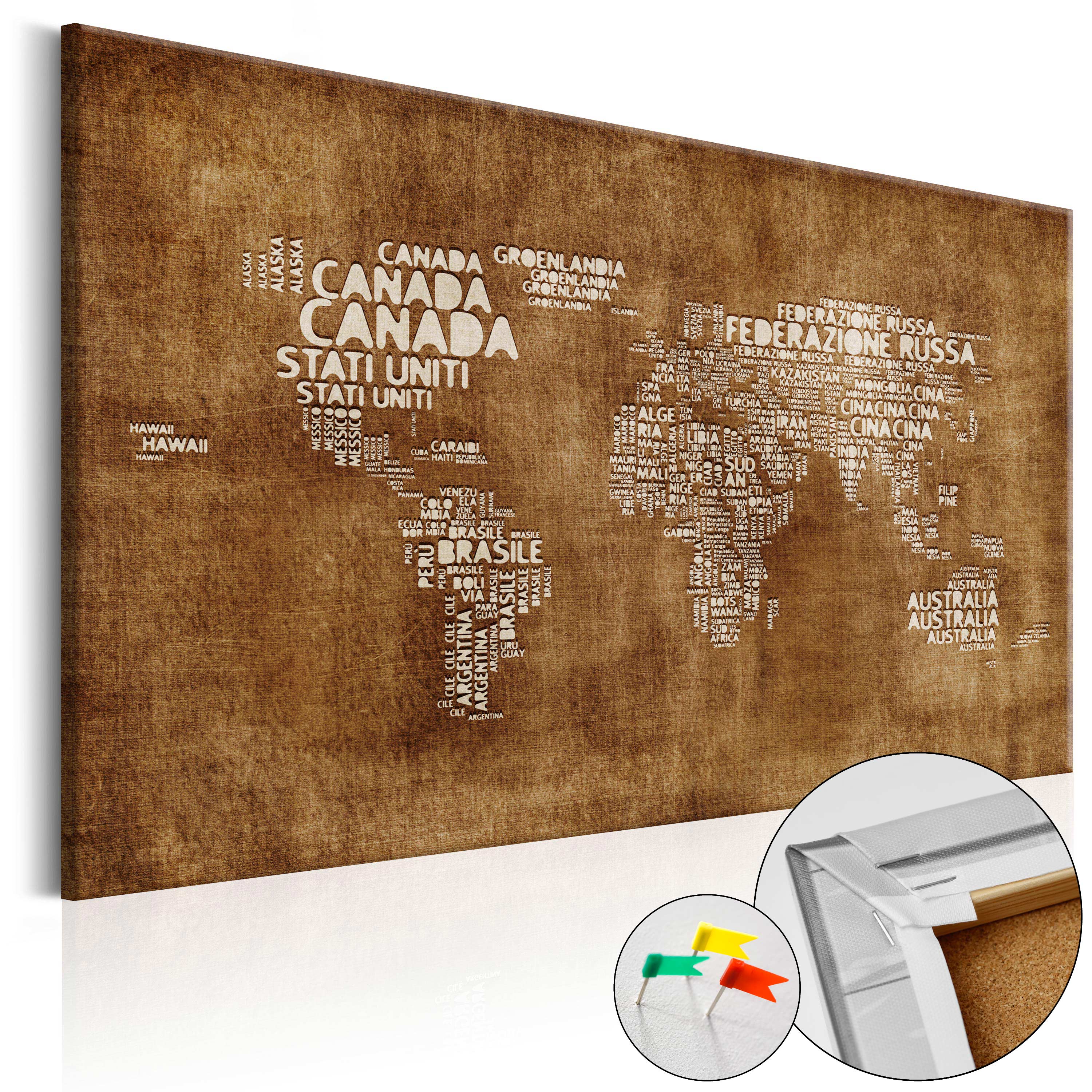 Vintage Italian Text Cork World Map Decorative Pinboard