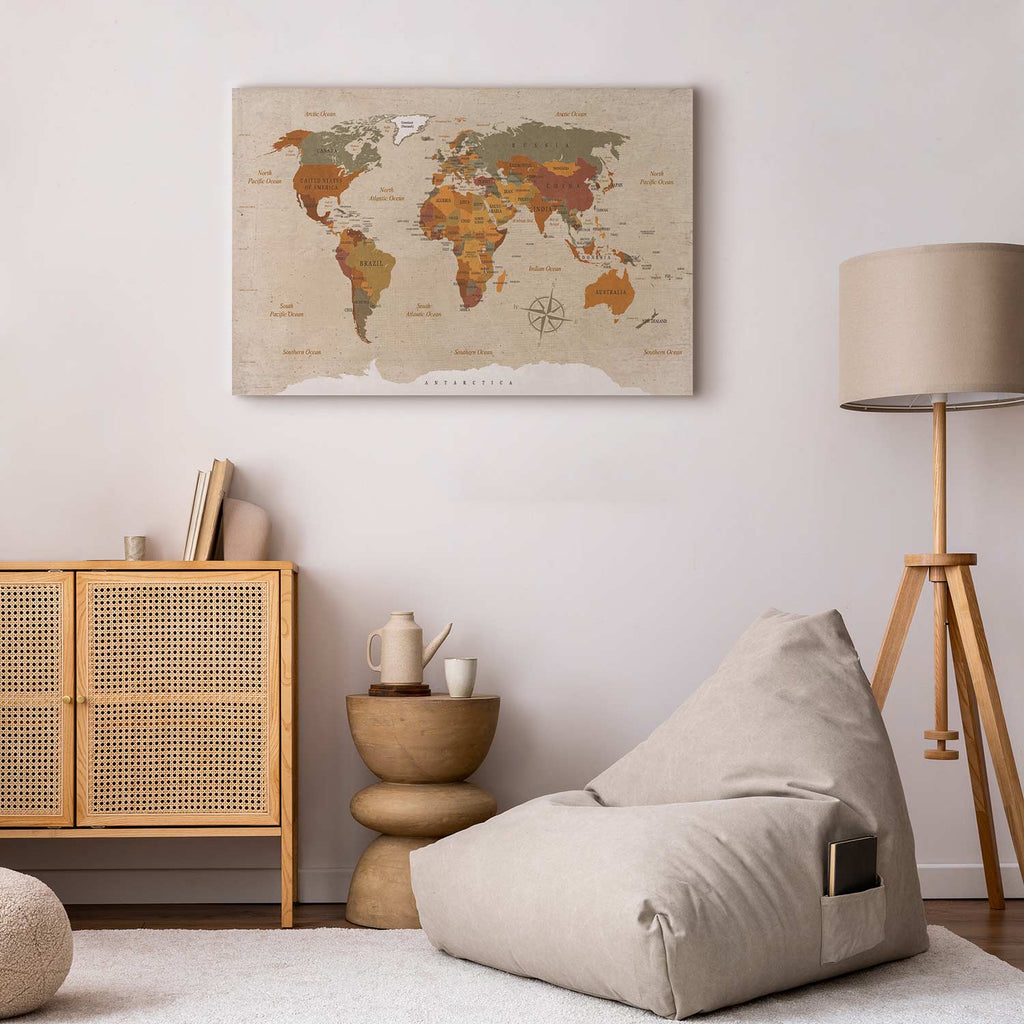 Beige World Map Canvas Print
