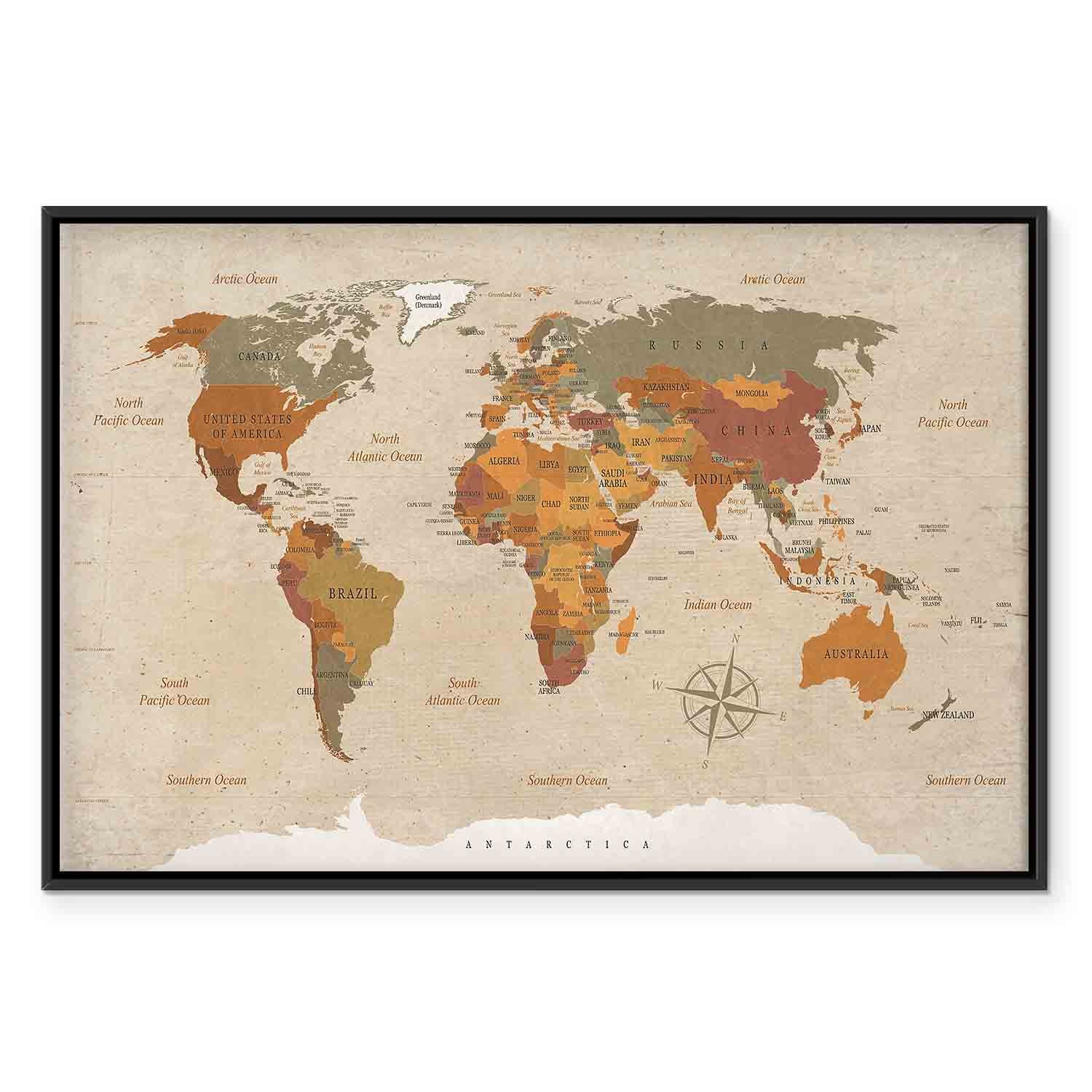Beige World Map Canvas Print