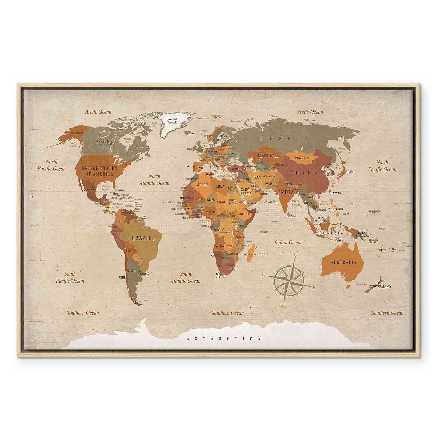 Beige World Map Canvas Print