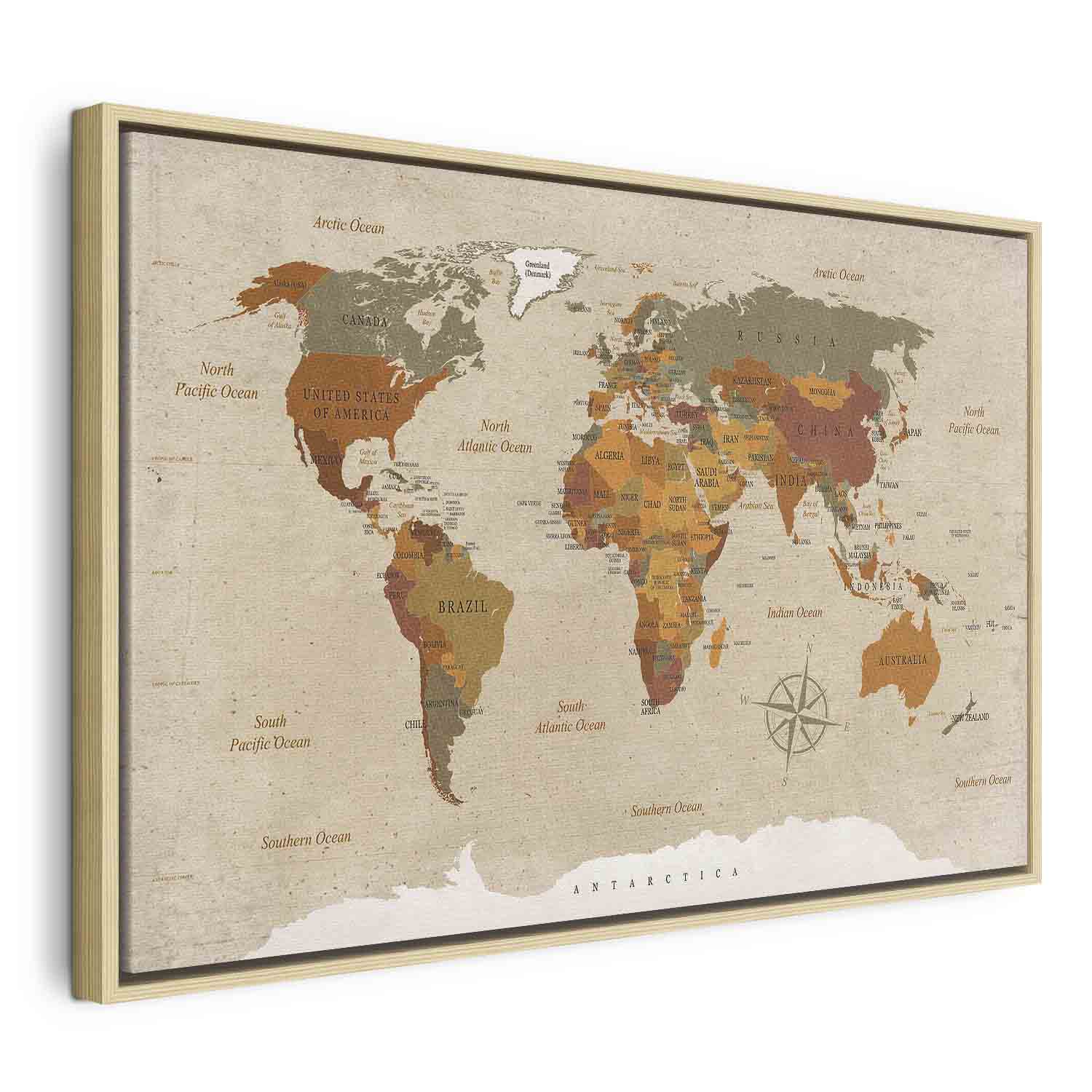 Beige World Map Canvas Print