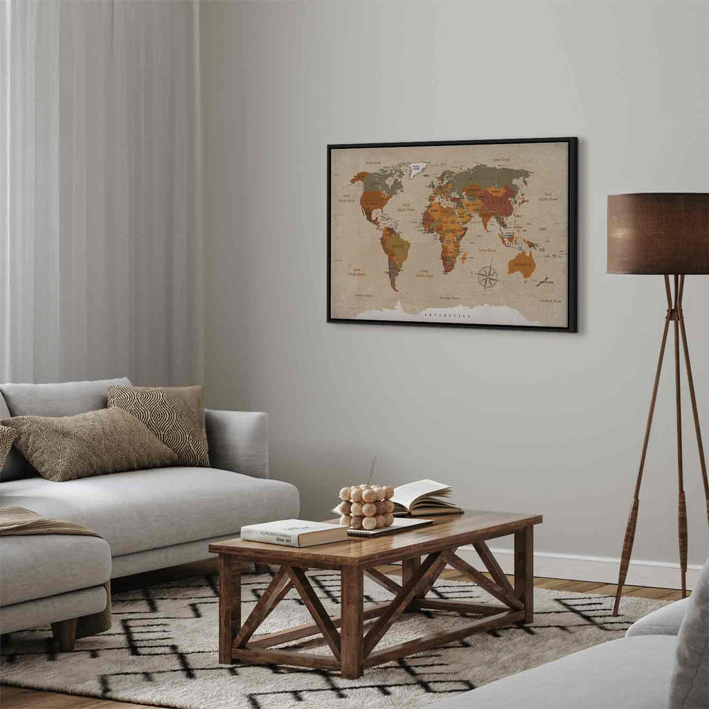 Beige World Map Canvas Print