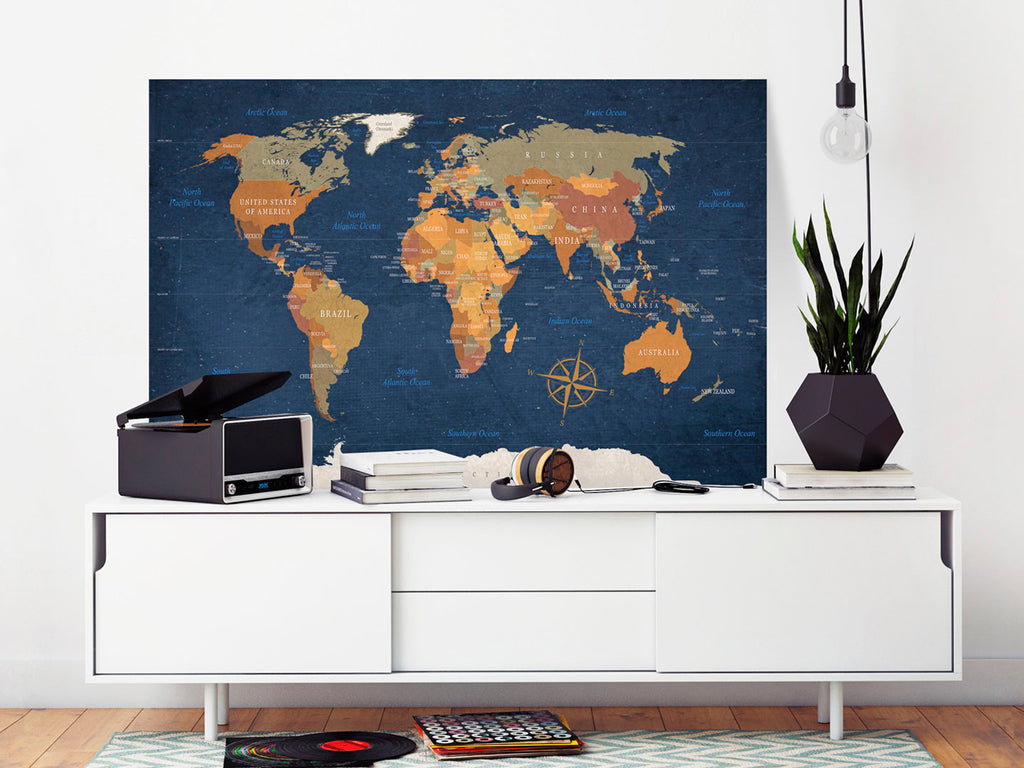 Ink Ocean World Map Blue Decorative Pinboard