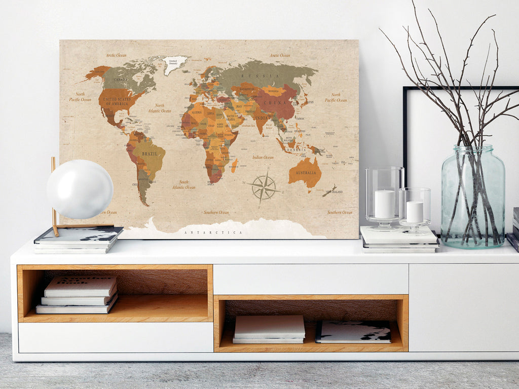 Beige World Map Compass Decorative Pinboard