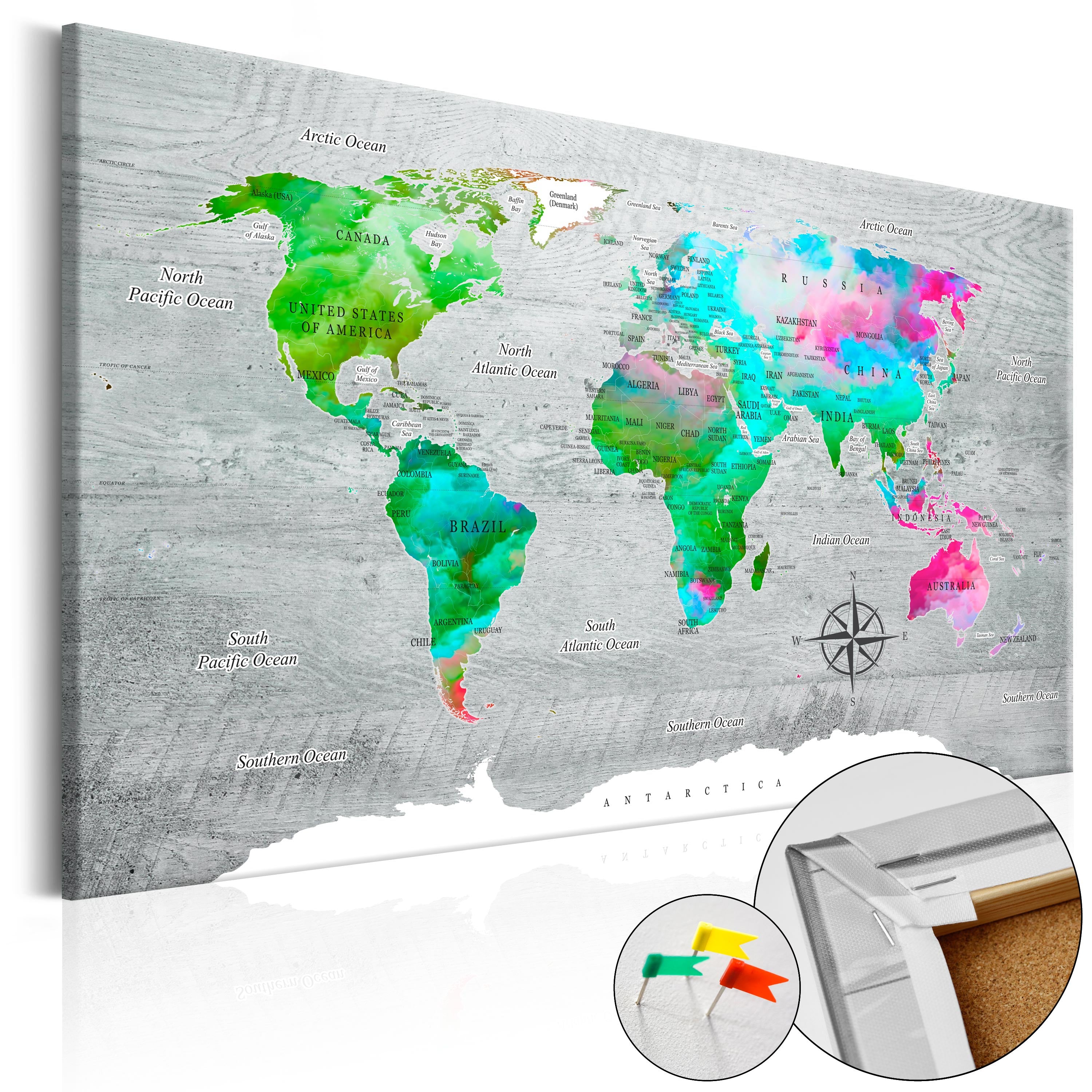 Green World Map Decorative Pinboard