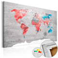 Red World Map Decorative Pinboard