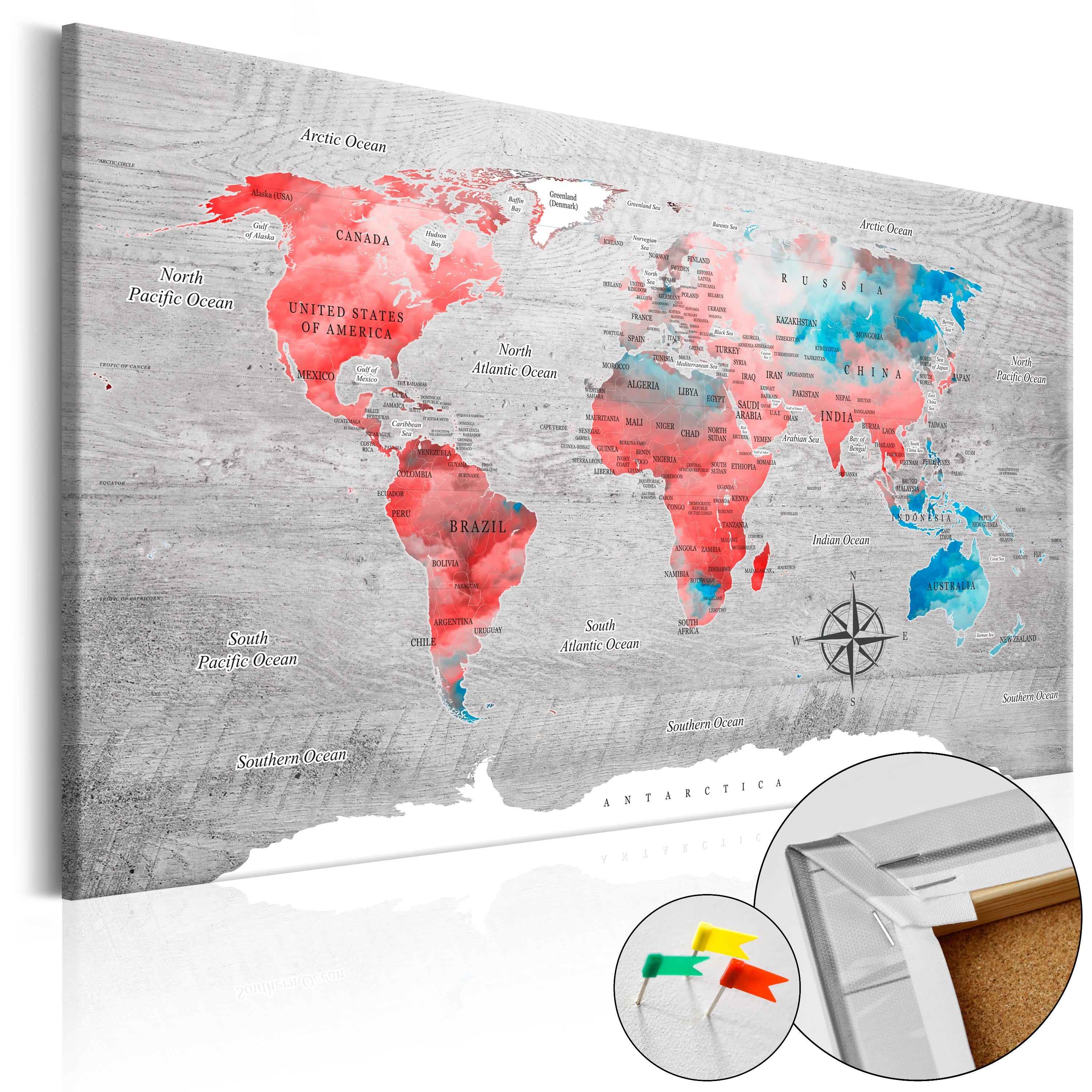 Red World Map Decorative Pinboard