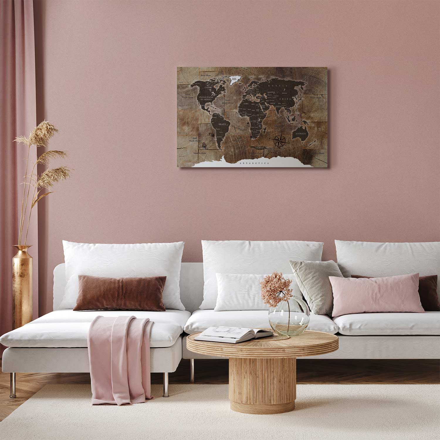 Wooden Mosaic World Map Canvas Print