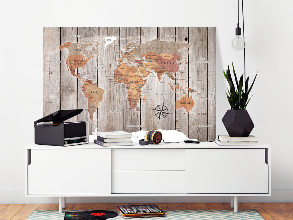 Wooden World Map Compass Decorative Pinboard